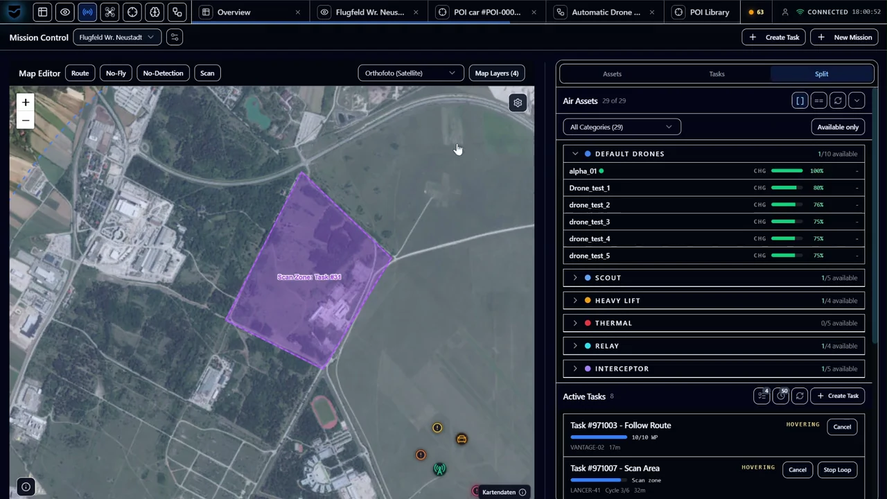 Danubis Operator Console mit Kartenansicht und Missionsplanung
